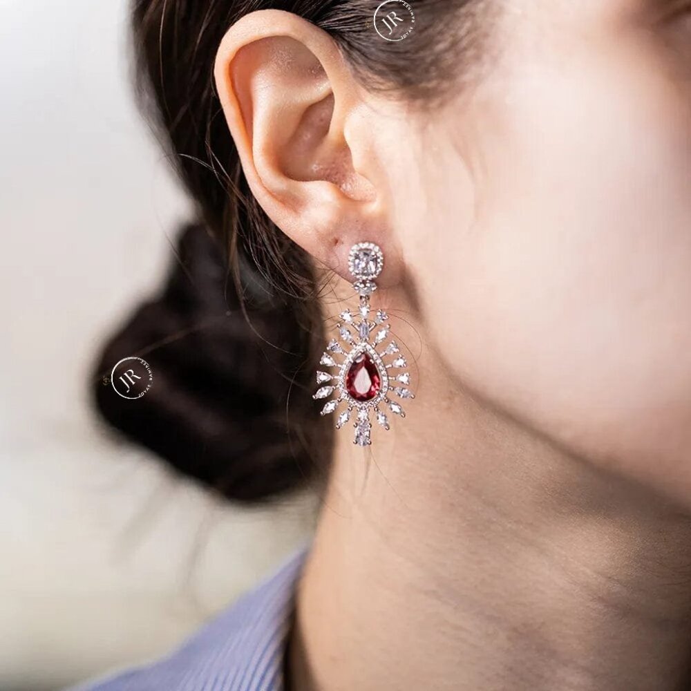 Imperial Blossom .925 Silver Earrings · Ruby CZ · Elegant Floral Design. - Picture 2 of 7